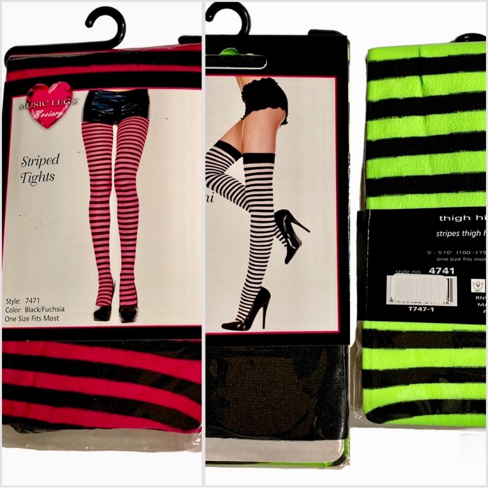 2 Pair Music Legs Striped Tights Reg & Thigh-Hi Pink Green Black Costume OS NWT